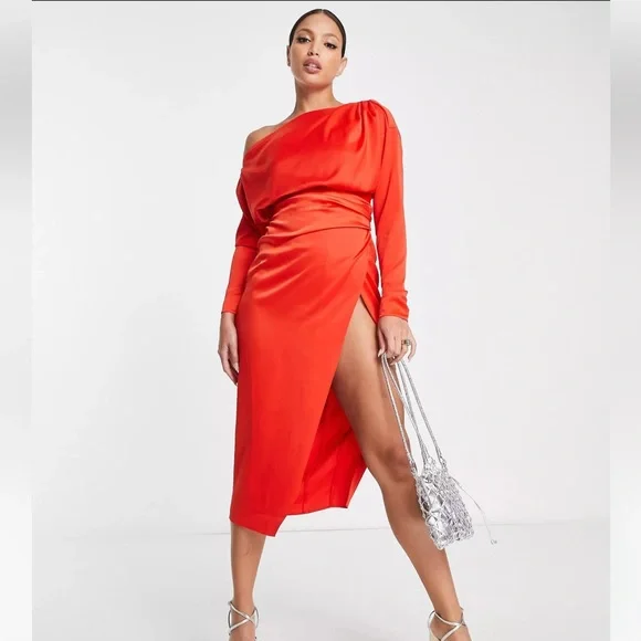 white christmas dresses Rent Asos Design Off Shoulder Bardot Tuck Midi Dress In Satin Gold main image 1